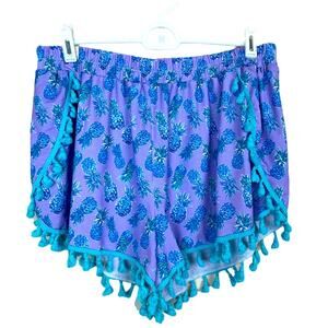 SIMPLY SOUTHERN Purple Pineapple Tassel Preppy S/M Shorts Turquoise Lounge Beach